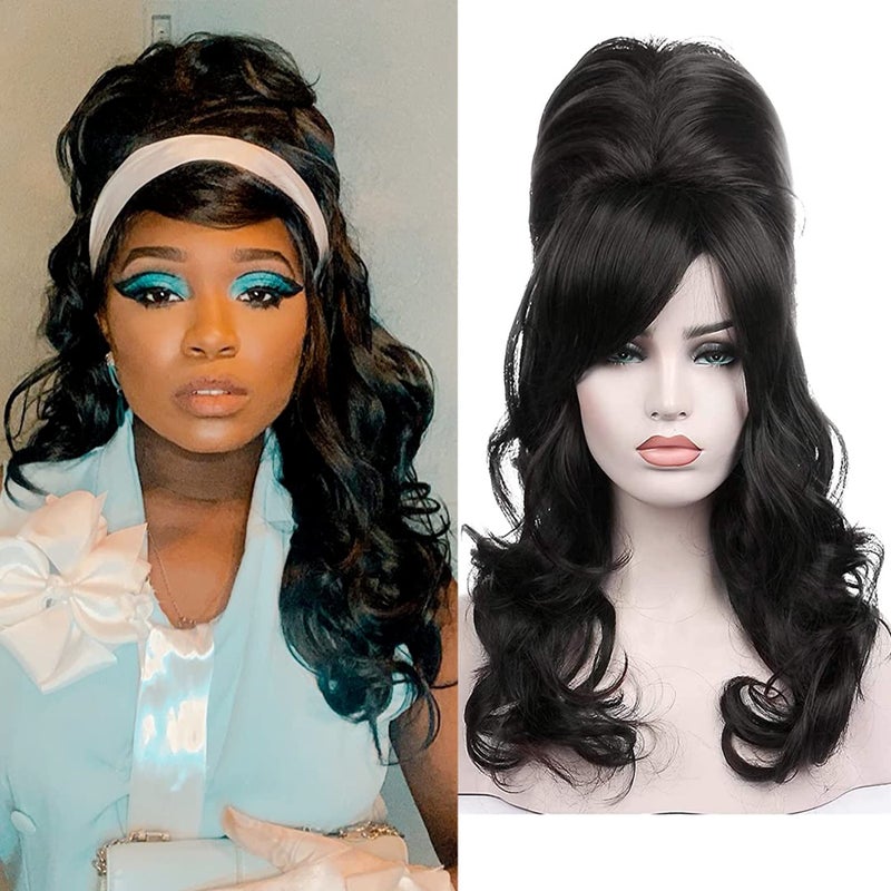 Kalyss Natural Black Beehive Wig Womenâ€™s Curly Wavy Long Heat Resistant Synthetic Hair Cosplay Costume Wigs (Natural Black) - Image 1